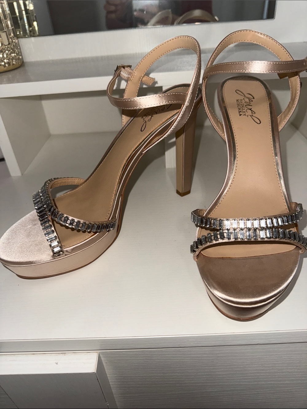 Jewel Badgley Mischka Rose Gold Satin Platform Heels with Crystal Trim